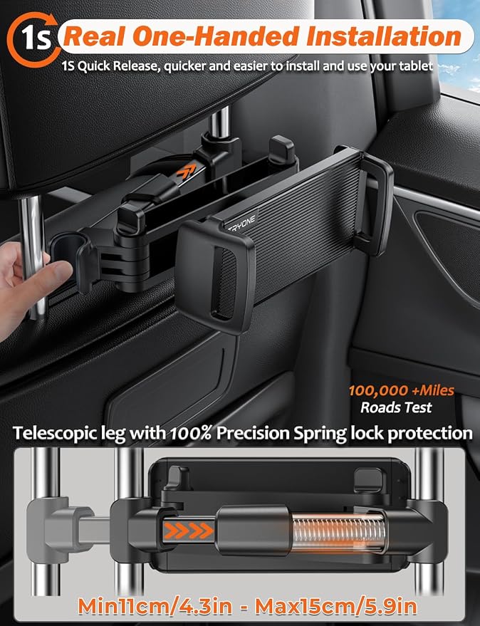 Tryone Car Headrest Tablet Holder Mount Stretchable Backseat Tablets Stand for Kids, Car Seat Mounts Compatible with iPad Pro 12.9 Air Mini, iPhone, Galaxy Tab, Switch, All 4.7-12.9" Screen Devices