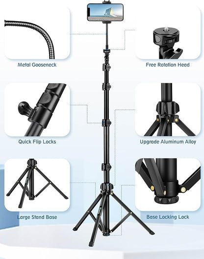 Phone Tripod, 85" Tripod for Cell Phone iPhone with Gooseneck, Aluminum Tripods Stand for Video Recording Photo Vlog, Travel Cellphone Tripod with Remote Compatible with iPhone Android