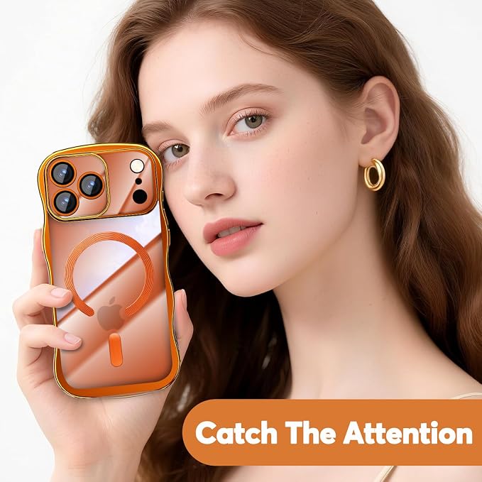 Misscase Designed for iPhone 17 Pro Max Case 6.9",with Privacy Screen Protector*1,Cute Wave Frame Case with Camera Lens Protector,Compatible with MagSafe Plating Bling for Women Orange