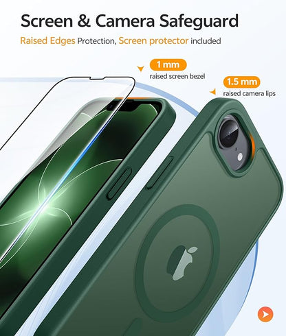 FNTCASE for iPhone 17e Case: iPhone 16e Phone Case [Compatible with Magsafe] Translucent Matte Cases with [Screen Protector] Military Grade Shockproof Protective Phone Cover - Green
