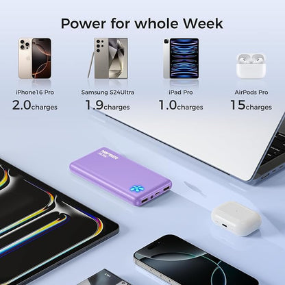 Portable Charger 10000mAh Ultra Slim Power Bank Lightweight Pocket-Sized Design 22.5W Output for iPhone 16/15/14 Samsung Galaxy Android Devices Travel Essentials（Purple）