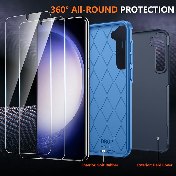 SPIDERCASE Designed for Samsung Galaxy S23 Case, [10 FT Military Grade Drop Protection], 2 Pack [Tempered Glass Screen Protector+Camera Lens Protector] Heavy Duty Shockproof Case, Dark Blue