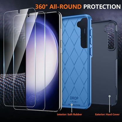 SPIDERCASE Designed for Samsung Galaxy S23 Case, [10 FT Military Grade Drop Protection], 2 Pack [Tempered Glass Screen Protector+Camera Lens Protector] Heavy Duty Shockproof Case, Dark Blue
