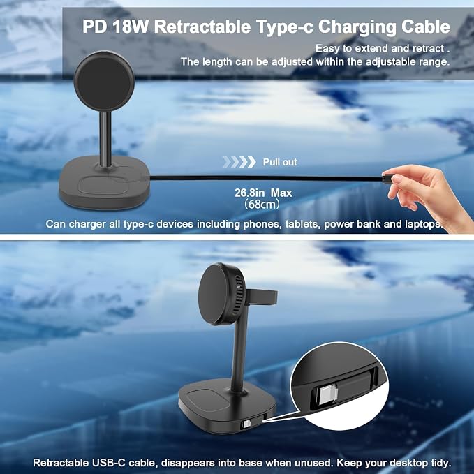 5 in 1 Qi2 Magnetic Wireless Charger Stand, 15W Fast Wireless Charging Station with Cooling Fan for iPhone 17/16/15/14/13/12, AirPods, Apple Watch - 65W Adapter & Retractable USB-C Cable Included