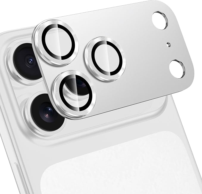 for iPhone 17 Pro Max Camera Lens Protector, [Military Grade Shatterproof] [Strong Adsorption] [Case Friendly] Full Coverage Metal Aluminum Alloy 9H Tempered Glass Camera Screen Cover, Slivery