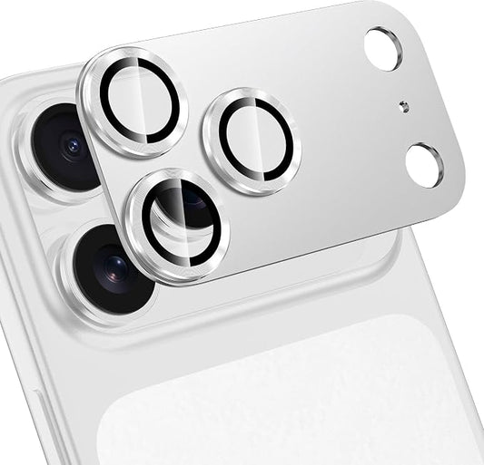 for iPhone 17 Pro Max Camera Lens Protector, [Military Grade Shatterproof] [Strong Adsorption] [Case Friendly] Full Coverage Metal Aluminum Alloy 9H Tempered Glass Camera Screen Cover, Slivery