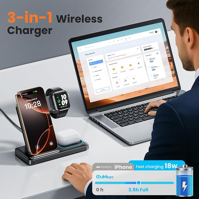 DUMTERR 3 in 1 Charging Station for Apple, Foldable Wireless Charger for iPhone 17 16 15 14 13 12 11 Pro Max, Wireless Charging Station for Multiple Devices for Apple Watch Ultra & Airpods Pro 4 3 2