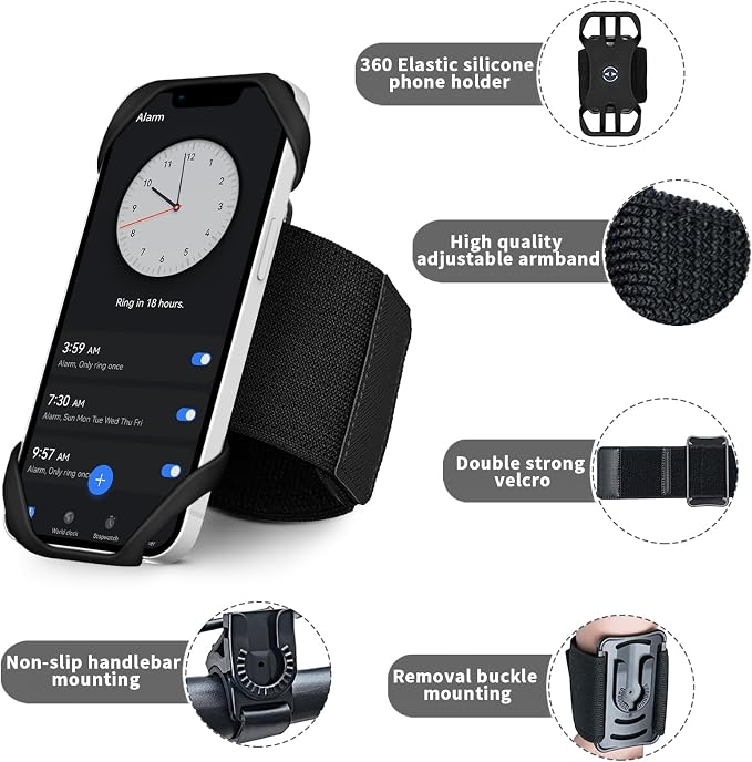 3in1 Running Sports Armband+Wristband+Bicycle Phone Holder,360° Rotation & Detachable Compatible with 4.5-7" Cellphone for iPhone 17/16/15/Pro/ProMax/14/13/mini/Pro Max/XS/XR