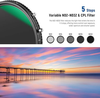 NEEWER 2 in 1 67mm Variable ND Filter ND2–ND32&CPL Filter(Circular Polarizer Filter) No X Cross/30 Layer Nano Coated/HD Optical Glass/Ultra Slim Aluminum Alloy Frame/Water Repellent/Scratch Resistant