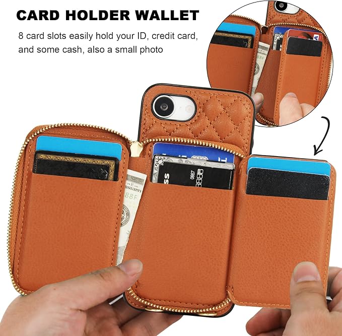 Bocasal Crossbody Wallet Case for iPhone 17e/16e, RFID Blocking PU Leather Zipper Handbag Purse Flip Cover, Kickstand Folio Case with Card Slots Holder Wrist Strap Lanyard 6.1 Inch 5G (Brown)