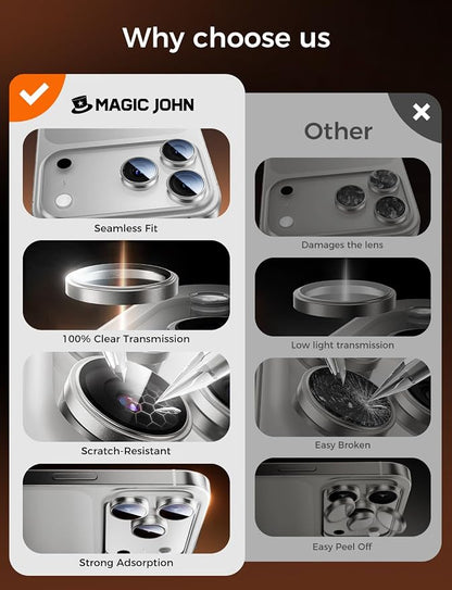MAGIC JOHN for iPhone 17 Pro Max/17 Pro Camera Lens Protector [Alignment Kit&1:1 Invisible Fit] 9H Aerospace Tempered Glass, Ultra HD, Metal Individual Ring，Case Friendly, Set of 2,Sliver