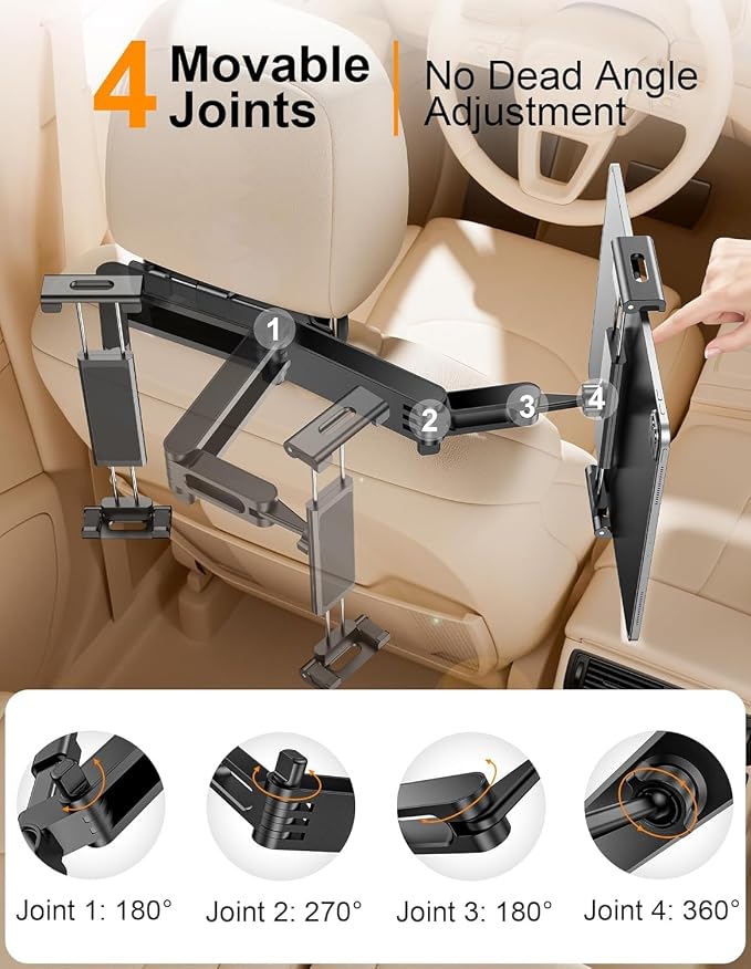 360° Rotating Car Headrest Mount - iPad Holder for Car, Compatible with 5.5-18.4" iPad/iPhone/Samsung Tablets - Adjustable Stand for Backseat Entertainment on Long Drives & Travel