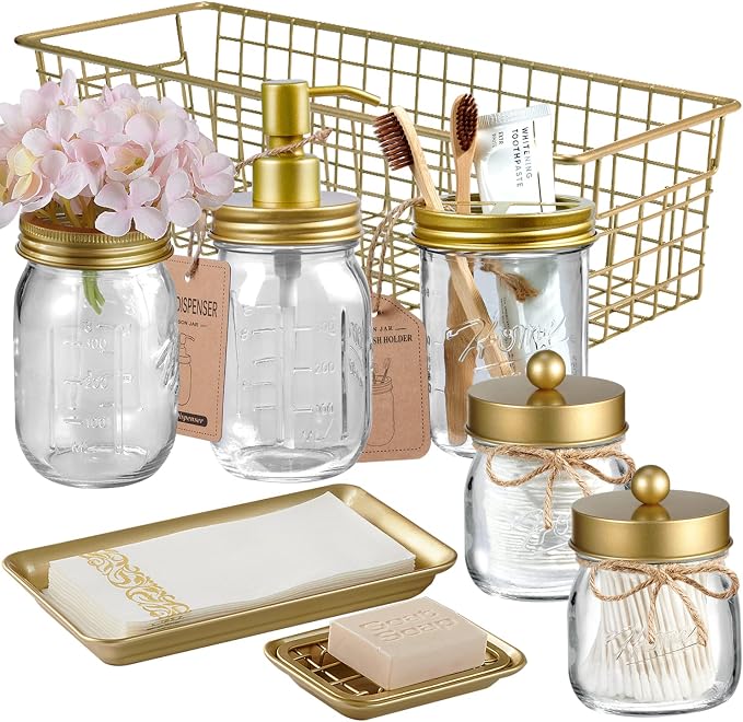 SheeChung 8PCS Mason Jar Bathroom Accessories Set Complete - Soap Dispenser, Toothbrush Holder, 2pcs Qtip Holders, Flower Vase, Soap Holder, Vanity Tray, Toilet Paper Storage, Bathroom Decor - Gold