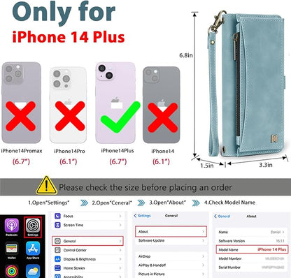 Wallet Case for iPhone 14 Plus with Card Holder/Crossbody Wallet/Strap| RFID Blocking | Magnetic | Kickstand | Detachable | PU Leather Phone Case for iPhone 14 Plus,6.7 in,Blue