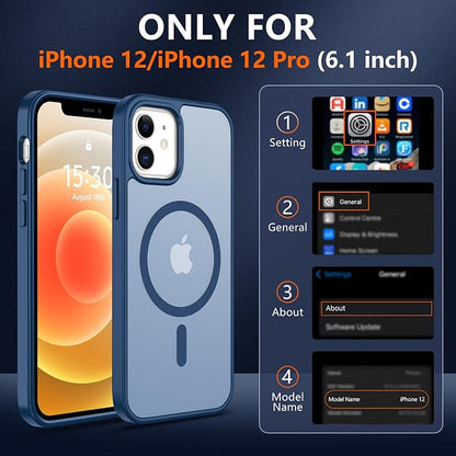 Pilaru for iPhone 12 Case & iPhone 12 Pro Case [Compatible with Magsafe] Translucent Matte Magnetic Case with Screen Protector,SlimThin Shockproof Protection Case for iPhone 12 & 12 Pro-Dark Blue