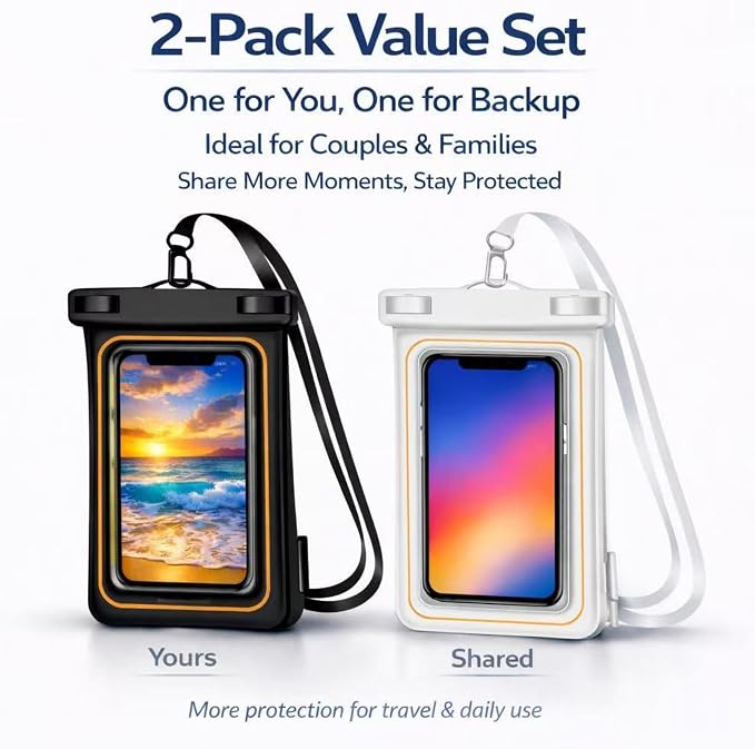 2-Pack IPX8 Floating Waterproof Phone Pouch, Dry Bag with Lanyard, Fits up to 7.2”, Compatible with iPhone 16/15/14/13 Pro Max, Galaxy S25/S24 Ultra, Pixel for Snorkeling, Kayaking(Black-White)