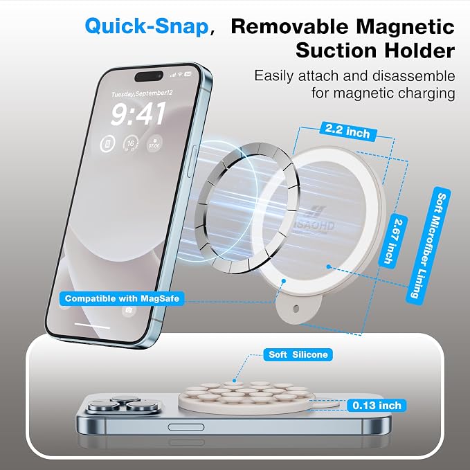 Magnetic Suction Cup Phone Mount with MagSafe, Silicone Hands-Free Grip Holder for iPhone Case and Android, Mirror Shower Phone Stand for Makeup FaceTime Gym Kitchen Bathroom, Stone