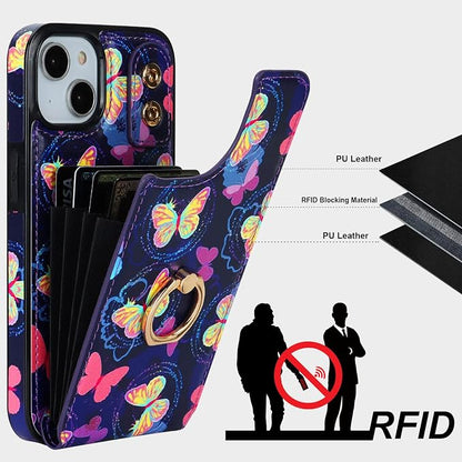 HAOPINSH for iPhone 13/ iPhone 14 Wallet Case with Card Holder, 360°Rotation Ring Kickstand, Pink Butterfly Pattern, RFID Blocking Leather for Girls Women, Double Buttons Flip Cover 6.1"