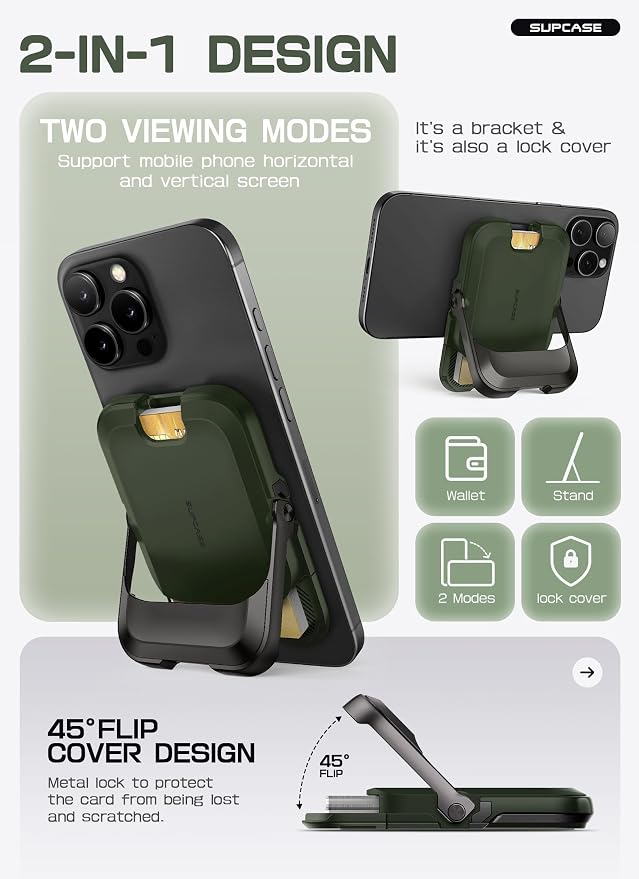 SUPCASE for MagSafe Wallet with Stand, Magnetic Wallet for Men Women, [Hold 6 Cards] [RFID Blocking] [Strong Magnetic Lock] Phone Stand Card Holder for iPhone 17/16/15/14/13/12 Series, Battle Green