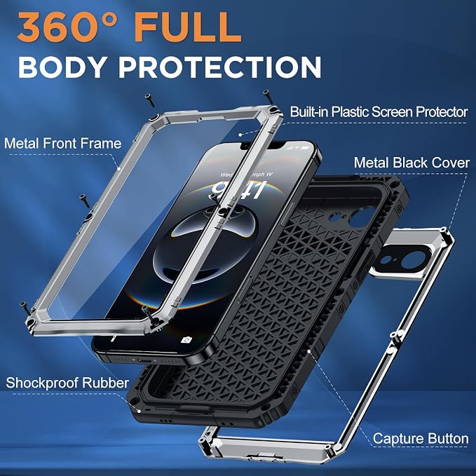 Beasyjoy for iPhone 16e Case/iPhone 17e Case Waterproof, Metal Heavy Duty Full Body Protective Case with Built-in Screen Protector, Military Grade Shockproof Cover for iPhone 16e/17e 6.1", Silver