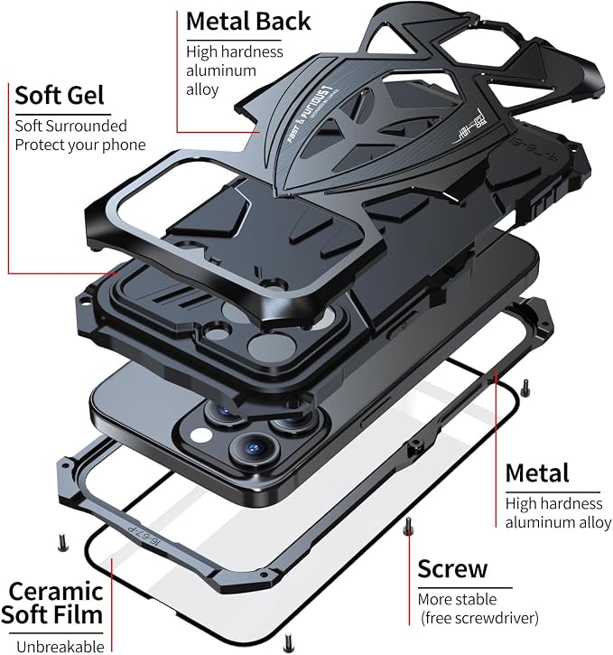 Armor Phone Case for iPhone 16 Pro Max Military Grade Cover 360 Full Protection Heavy Duty Hybrid Metal Bumper Built-in Silicone Shockproof with Screen Protector - Black