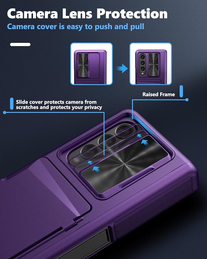 Viaotaily for Galaxy Z Fold 4 Case with Kickstand & Card Holder & Hinge Protection & Sliding Camera Cover, Built-in Screen Protector, Durable Rugged Phone Case for Samsung Z Fold 4, 2022, Dark Purple