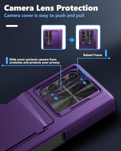 Viaotaily for Galaxy Z Fold 4 Case with Kickstand & Card Holder & Hinge Protection & Sliding Camera Cover, Built-in Screen Protector, Durable Rugged Phone Case for Samsung Z Fold 4, 2022, Dark Purple