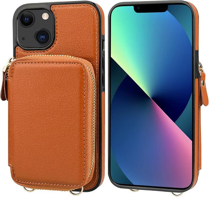 Bocasal RFID Blocking Wallet Case for iPhone 14 iPhone 13, Adjustable Crossbody Zipper Purse Case Card Holder with Kickstand Detachable Wrist Strap, PU Leather Flip Folio Case 6.1 Inch 5G (Brown)