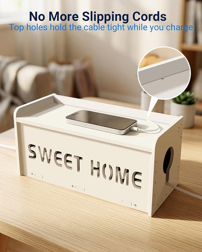 Large Cable Management Box, Imitation Wood Plastic Cord Organizer Boxs | Cord Hider Box for Power Strip Router & USB Hub & TV Wires, Suitable for Both Home and Office White