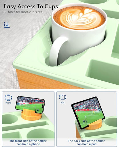 Couch Cup Holder Tray - Couch Organizer Caddy, Silicone Beach Caddy with Cup Holder, Sofa and Bed Drink Holder and Couch Tray Table for Snacks Beverage Remote (Green)