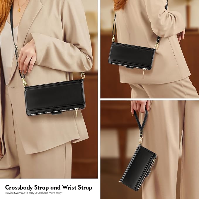 Antsturdy Compatible with iPhone 15 Wallet Case for Women【RFID Blocking】 Crossbody Phone Case PU Leather Zipper Wrist Strap Flip Protective Cover Credit Card Holder Slots,for Apple 15 6.1",Black