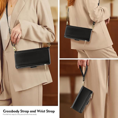Antsturdy Compatible with iPhone 12 Wallet Case for Women【RFID Blocking】 Crossbody Phone Case PU Leather Zipper with Wrist Strap Flip Cover Credit Card Holder,for Apple 12 Pro 6.1",Black