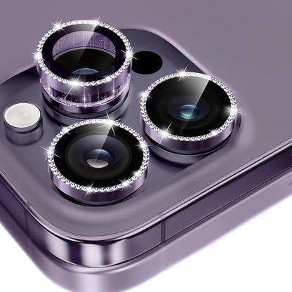 GolbinBox Camera Lens Protector for iPhone 14 Pro/14 Pro Max, 1:1 Invisible Fit, 9H Tempered Glass Ultra HD Metal Individual Camera Cover for Women, Case Friendly, Bling/Deep Purple