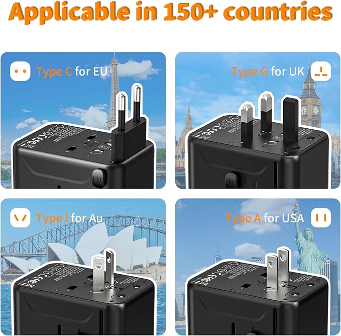 CC Store Universal Travel Adapter,European Travel Plug Adapter with 2 USB-C(17.5W) ＆ 2 USB-A Ports(Not a Voltage Converter) – for USA, UK, EU, AU ＆ 224+ Countries Black