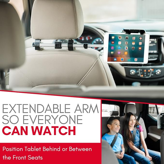 Macally Tablet Holder for Car Headrest - Adjustable iPad Headrest Mount for Car - Super Secure Car iPad Holder Backseat Kids - Fits All 4.7-12.9" Back Seat Devices (iPad Pro/Air/Mini, Nintendo Switch)