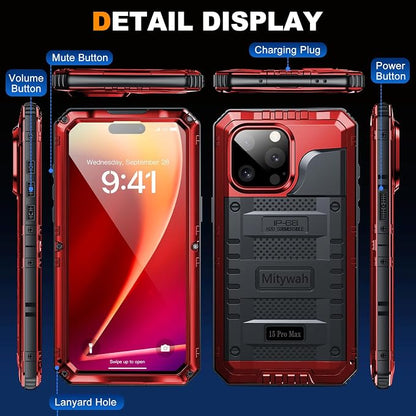 Mitywah Wateproof Case for iPhone 15 Pro Max, Heavy Duty Metal Cover for Surfing and Beach Trip, Military Grade Shockproof Full Body Phone Case with Built-in Screen Protector, 6.7", Red
