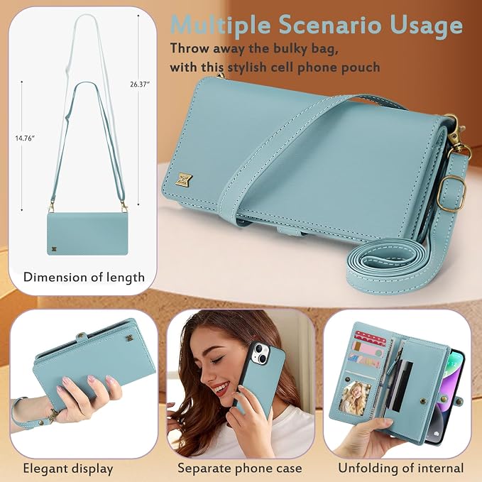 for Wallet Case Compatible with iPhone 15,Multi-Function Detachable 2 in 1 Magnetic iPhone 15 Case Wallet,Flip Strap Zipper Card Holder Phone Case with Shoulder Straps (Blue)