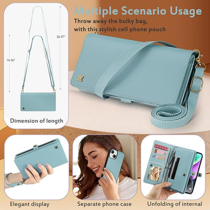 for Wallet Case Compatible with iPhone 14,Multi-Function Detachable 2 in 1 Magnetic iPhone 14 Case Wallet,Flip Strap Zipper Card Holder Phone Case with Shoulder Straps (Blue)