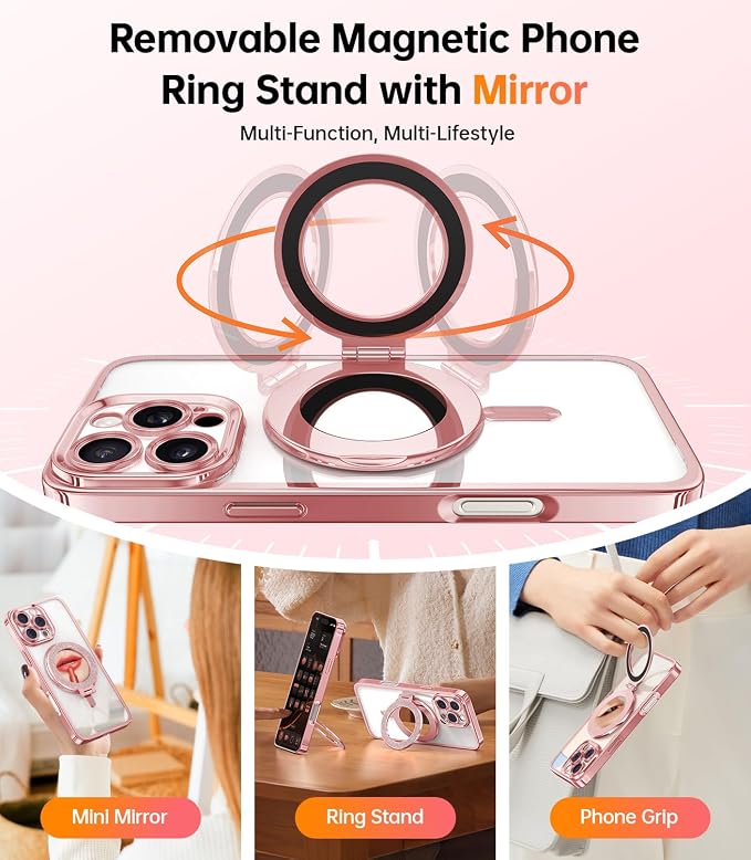 Meifigno Magnetic Case with Removable Phone Ring Stand for iPhone 16 Pro, [Glitter Card & Wrist Strap] [MagSafe Compatible] [Built in Mirror] Magnetic Phone Ring Holder + 16 Pro Case Kit, Rose Gold
