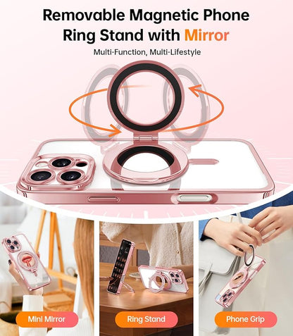 Meifigno Magnetic Case with Removable Phone Ring Stand for iPhone 16 Pro, [Glitter Card & Wrist Strap] [MagSafe Compatible] [Built in Mirror] Magnetic Phone Ring Holder + 16 Pro Case Kit, Rose Gold