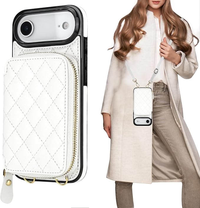 Bocasal Crossbody Wallet Case for iPhone 17 Air, RFID Blocking PU Leather Zipper Handbag Purse Flip Cover, Kickstand Folio Case with Card Slots Holder Wrist Strap Lanyard 5G 6.5 Inch (White)