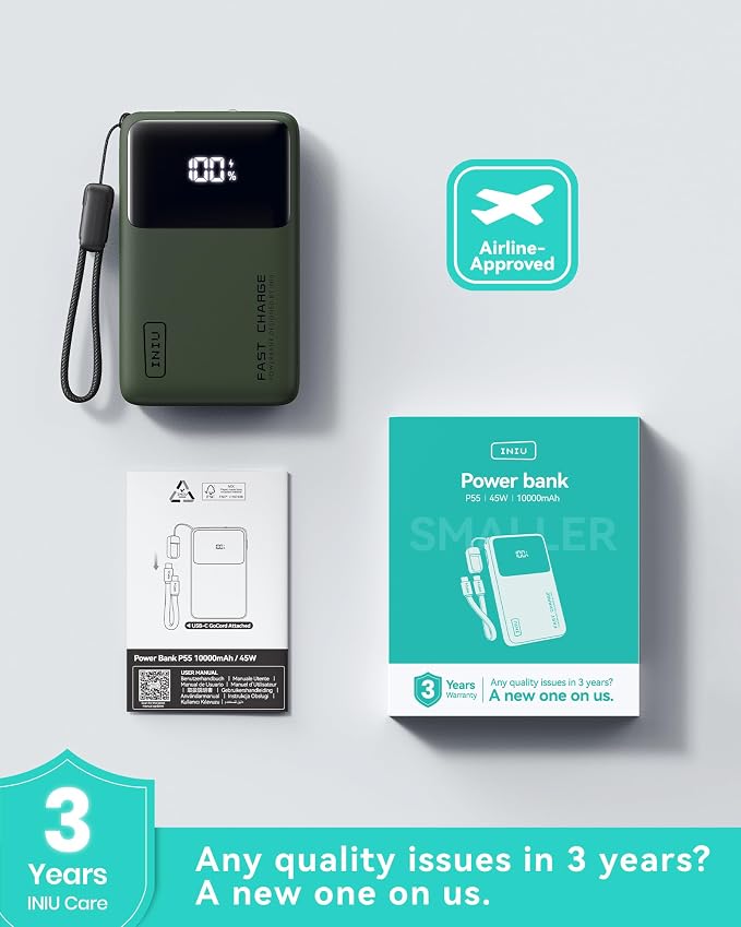 INIU Ultra Compact Power Bank, 10000mAh 45W Fast Charging Portable Charger with Detachable USB-C Cable & Stand, Flight-Safe Travel Battery Pack for Business Trip, Hiking, Cycling, Outdoor, Green