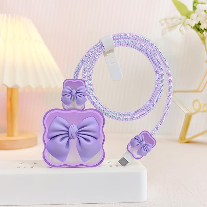 CameCosy DIY Phone Charger Storage Case Cover Sets for iPhone with Cable Protector Earphone Wire Saver, Portable Travel Storage Bag, Cute Cable Charger Protector Cord Organizer (Purple Bow Tie)