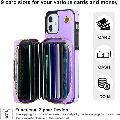Bocasal Crossbody Wallet Case for iPhone 12/12 Pro, RFID Blocking Leather Purse Case with Card Holder, Protective Handbag Flip Cover with Zipper Wrist Strap Lanyard for Women 5G 6.1 Inch (Purple)