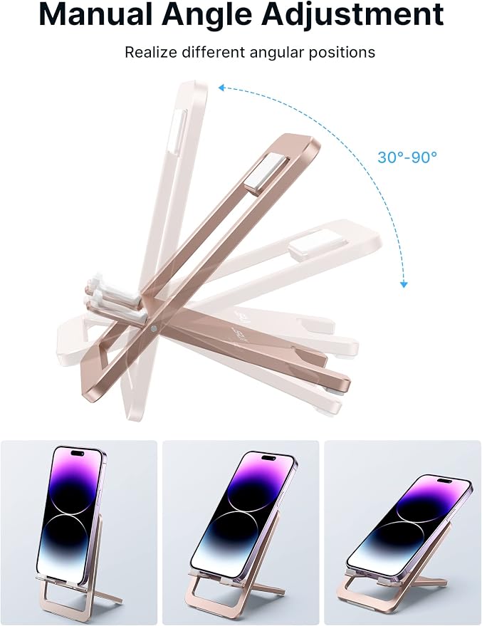 JSAUX Cell Phone Stand, Foldable Aluminum Adjustable Phone Holder for Desk Portable Travel Essentials Office Accessories for iPhone 17 16 15 14 13 Pro Max Samsung S25 S24 S23 Ultra Kindle-Pink