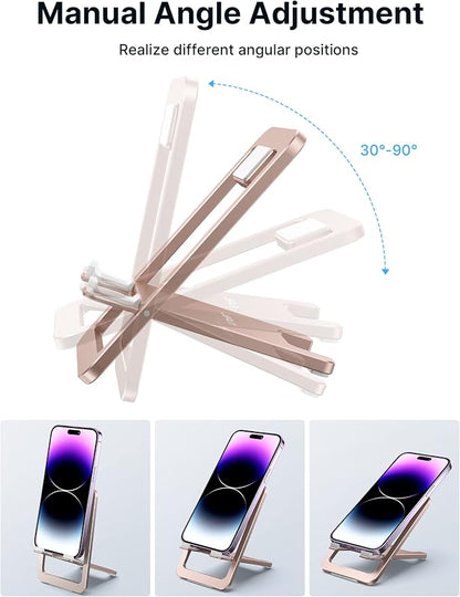 JSAUX Cell Phone Stand, Foldable Aluminum Adjustable Phone Holder for Desk Portable Travel Essentials Office Accessories for iPhone 17 16 15 14 13 Pro Max Samsung S25 S24 S23 Ultra Kindle-Pink