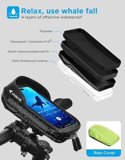 whale fall 360° Rotatable Bike Phone Holder, Waterproof Handlebar Bag with Touchscreen & Storage, Durable Bike Phone Mount for Navigation, Essential Bicycle Accessories for Phones Under 7"