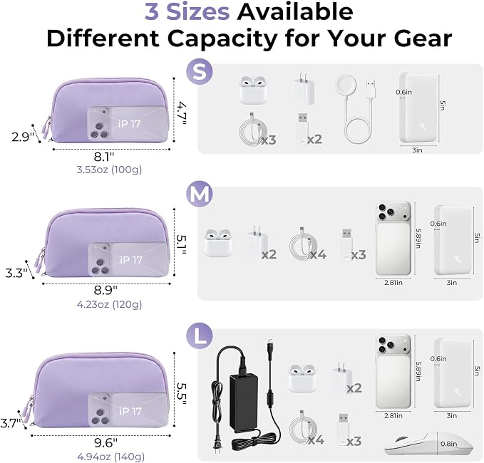 FYY Travel Cable Organizer - 8 Compartments, Lightweight, Water Repellent | With Wrist Strap, Portable Tech Pouch for Cord Charger, Travel and Business Trips Use, Soft Shell Nylon, Purple (Small)