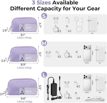 FYY Travel Cable Organizer - 8 Compartments, Lightweight, Water Repellent | With Wrist Strap, Portable Tech Pouch for Cord Charger, Travel and Business Trips Use, Soft Shell Nylon, Purple (Small)