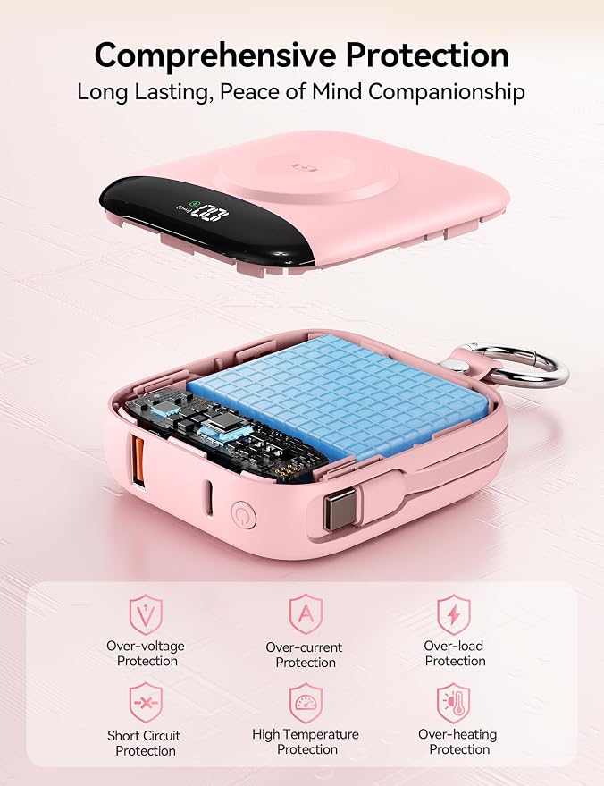 Portable Charger Power Bank, 10000mAh Fast Charging Power Bank with Built-in Cables, Travel Keychain Battery Pack with LED Display for iPhone Samsung Android iPad iWatch Charger 11/10/9/8/Ultra,Pink